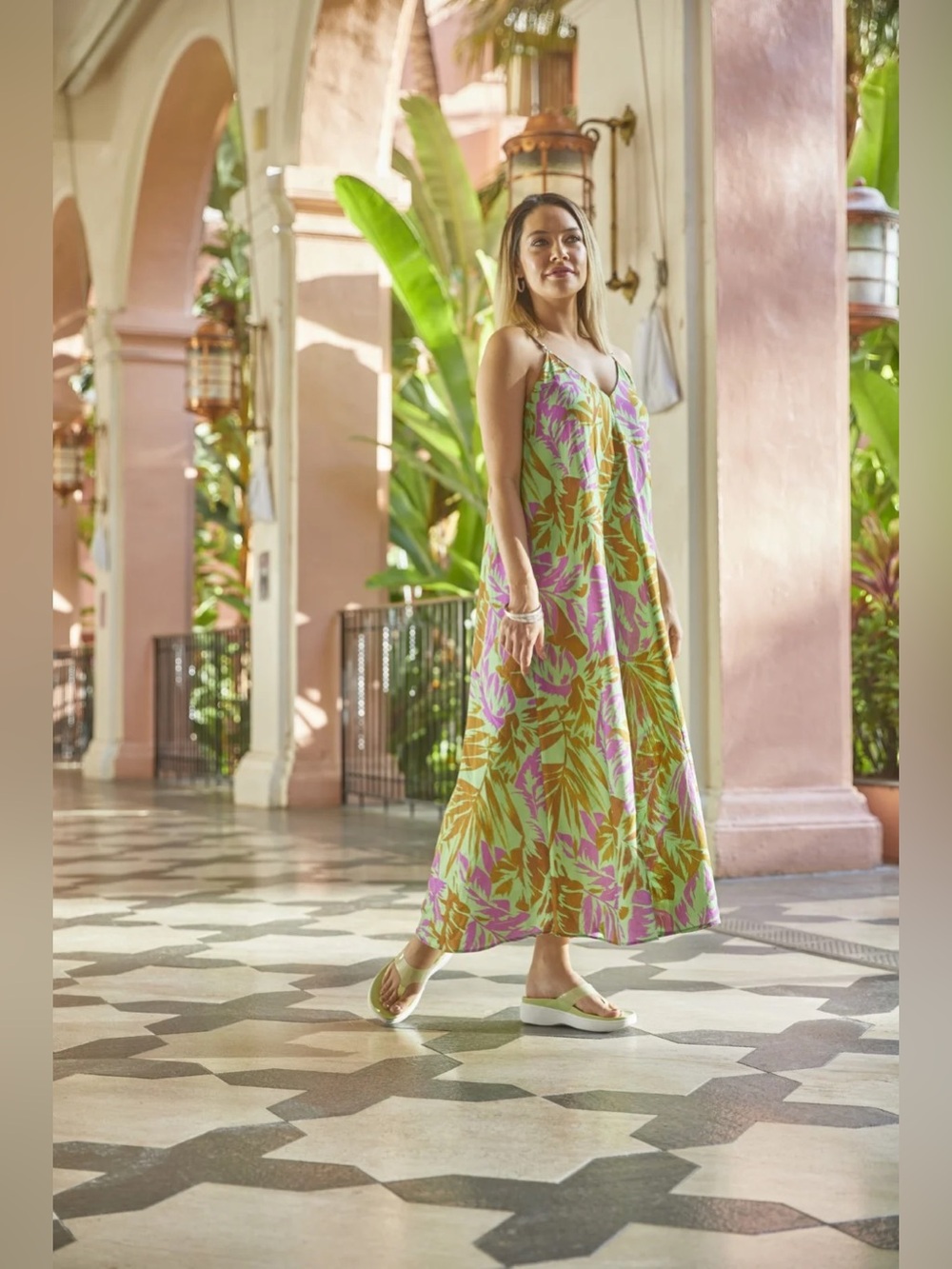 Zara Tropical Printed Linen Blend Maxi Dress Green Purple Large Bohemian Beach
